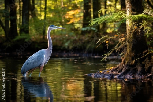 a blue heron stands beside a shady forest pond