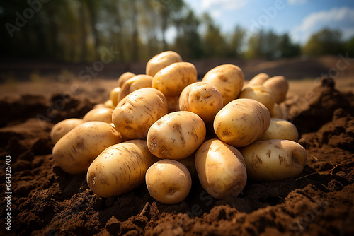 A pile of freshly dug potatoes on the ground. Potato harvesting.