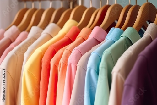 Colorful clothes on a clothing rack, pastel colorful closet in a shopping store or bedroom, rainbow color clothes choice on hangers, home wardrobe concept image.