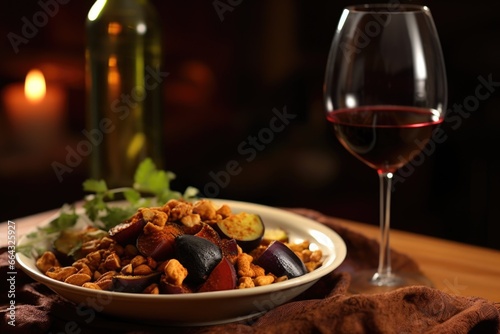 shiraz wine near a plate of curry