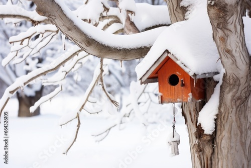 a birdhouse hanging from a snow-laden tree