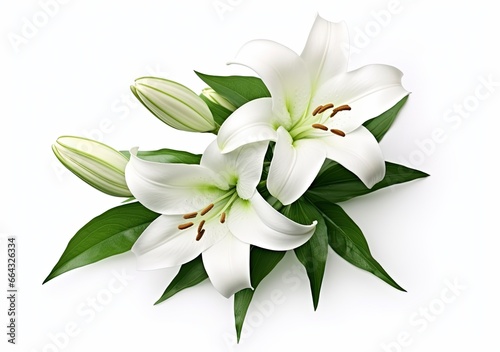 Beautiful fresh lily flower with green leaves, isolated on white background. © FurkanAli