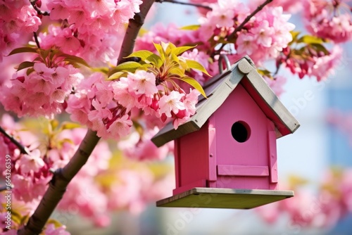 a birdhouse installed in a blossoming tree