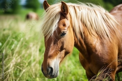 Brown horse with blond hair eats grass on a green meadow detail from the head.