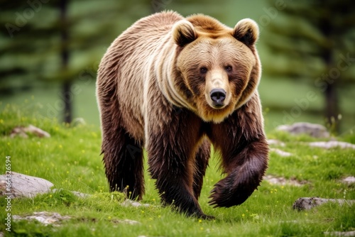 Brown bear moving on the green meadow in springtime nature.