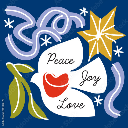 Greeting card with Christmas dove of peace with olive branch. Hand drawn vector illustration with holiday retro decor for seasonal design