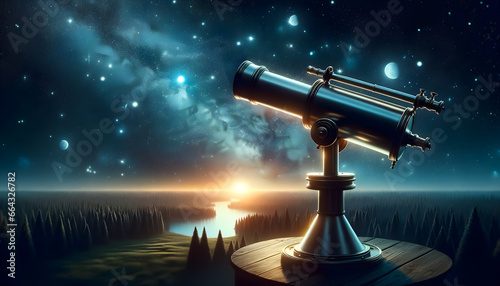 Artistic representation of a tranquil evening landscape. In the foreground, a classic refracting telescope stands ready for stargazing, its lens focus