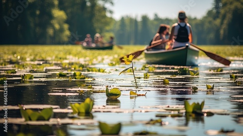 Canoers paddling through a lake filled with lily pads. generative AI