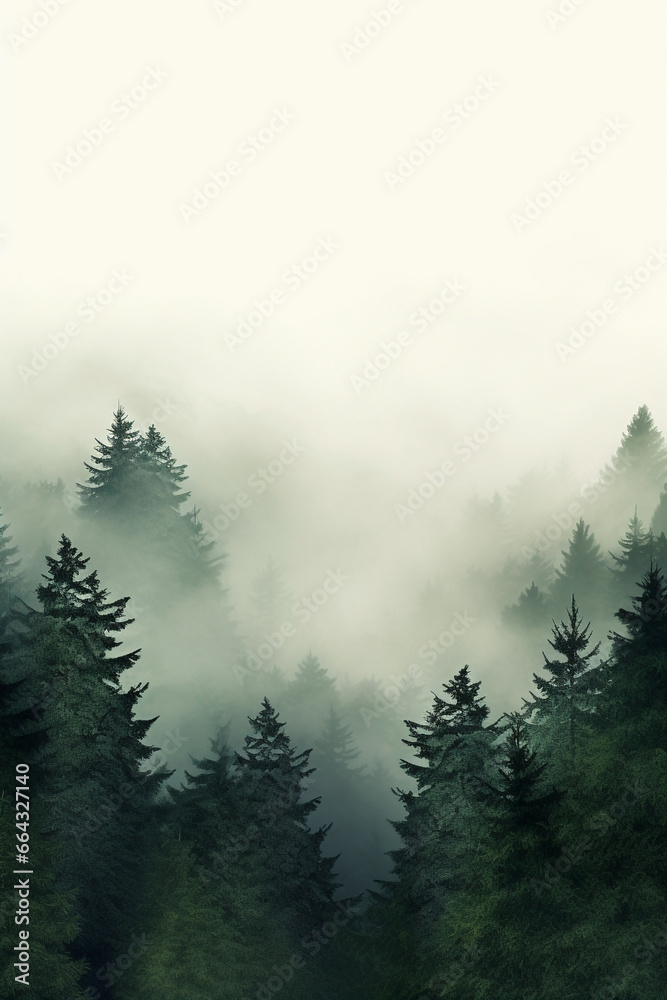 Serene & Dense Pine Forest Blanketed in Fog - Depicting Mysterious Nature & Depth with Cool Shades - Copy Space.