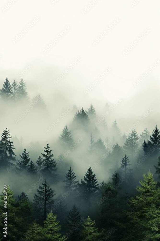 Ethereal Forested Landscape with Tall Pine Trees Shrouded in Mist - Emphasizing Depth, Mystery & Tranquility - Copy Space.