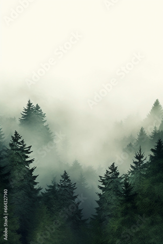 Serene & Dense Pine Forest Blanketed in Fog - Depicting Mysterious Nature & Depth with Cool Shades - Copy Space.