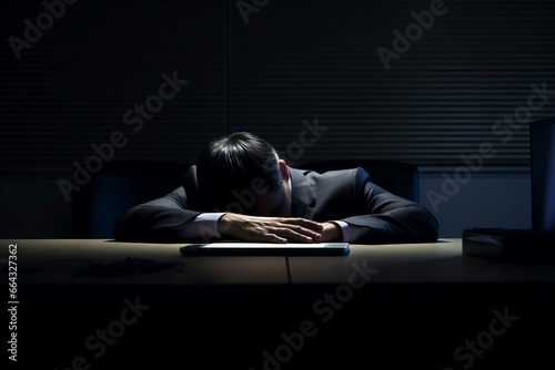 Depressed CEO man sleeping. Exhausted chief executive manager sleeping on table. Generate ai