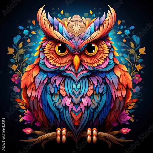 Multicolored mandala owl coloring page for adults. photo
