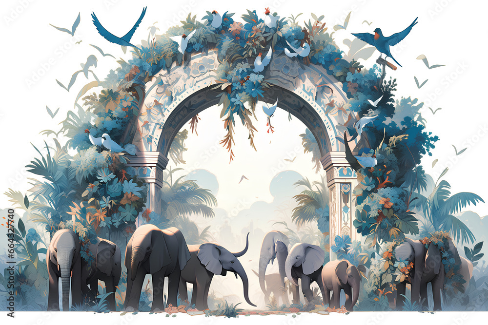 Mughal arch. Indian elephants. Decorative painting with elephants and plants - obrazy, fototapety, plakaty 