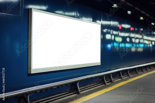 Blank advertising billboard mockup inside subway station. Generative AI.