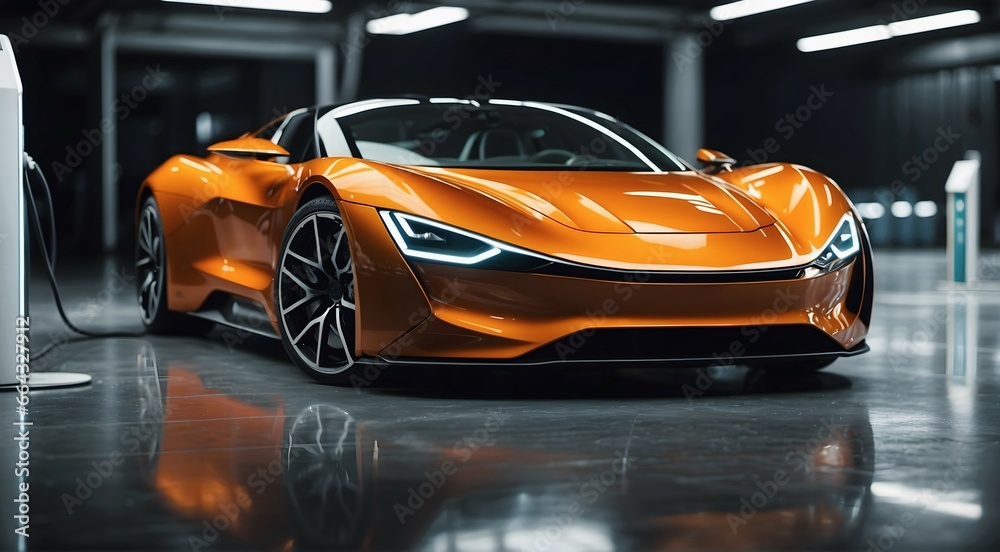 Electric super car at charging station concept, sport car background, green energy vehicle banner