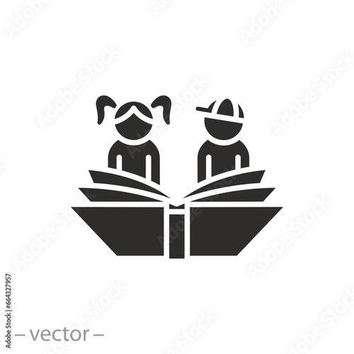 kids reading book icon, teaching children logo, child development or education, flat symbol - vector illustration