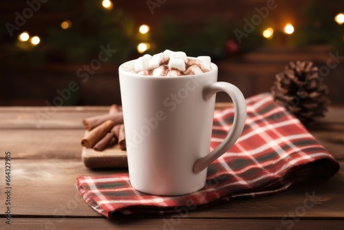 a full white mug with hot chocolate on a wooden table