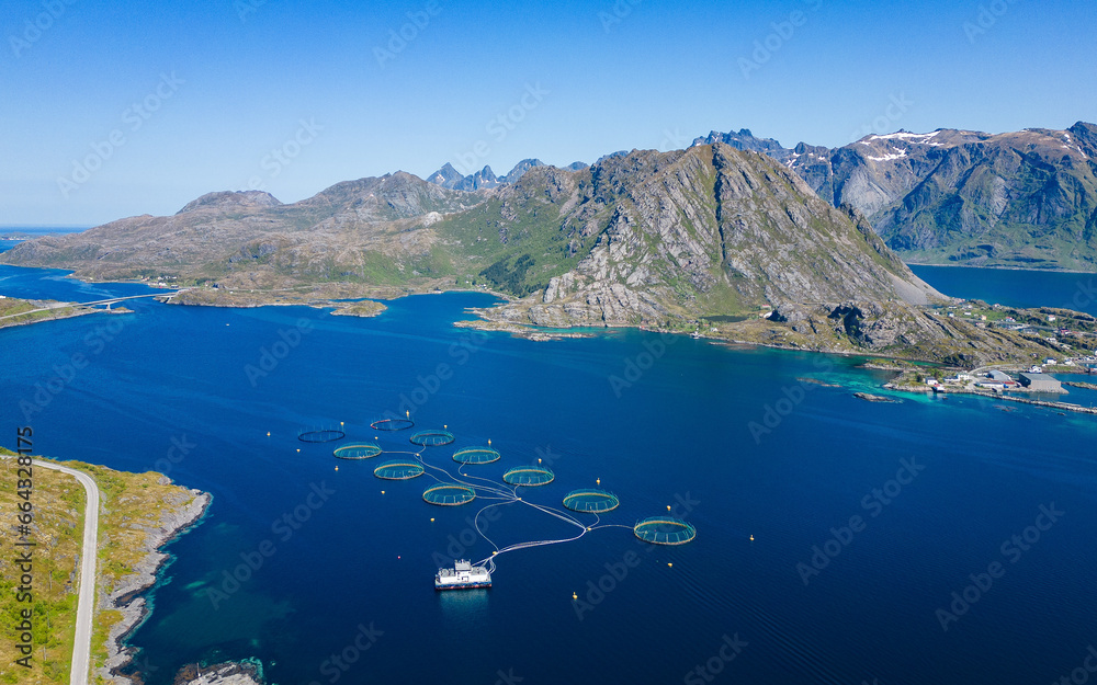 Aerial view from Lofoten islands with fjords, mountains and a salmon aquaculture