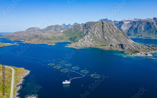 Aerial view from Lofoten islands with fjords, mountains and a salmon aquaculture photo