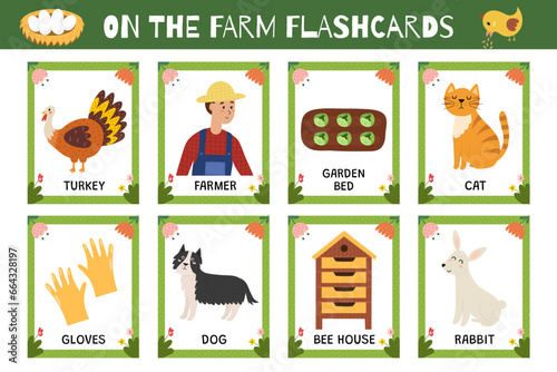 On the farm flashcards set. Flash cards collection for practicing reading skills. Learn farm vocabulary for school and preschool. Vector illustration