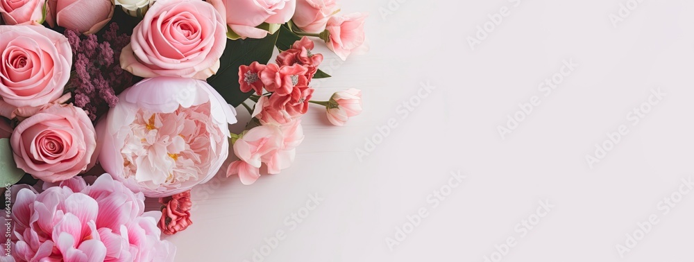 Fresh bunch of pink peonies and roses with copy space. - obrazy, fototapety, plakaty 