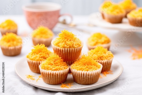 bright orange carrot muffins with shredded carrot decor