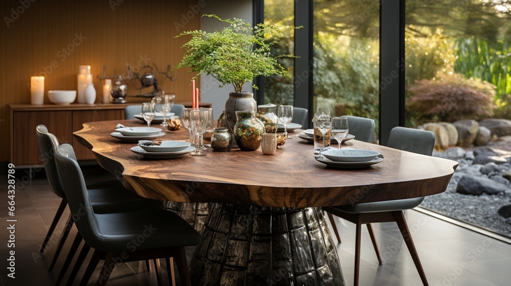 A round live edge dining table becomes the centerpiece of the interior design of the modern minimalist dining room