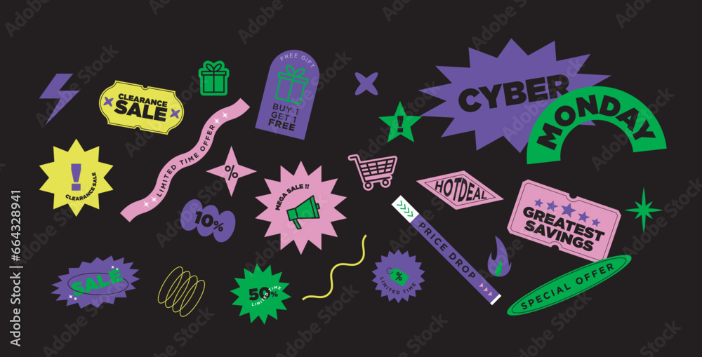 A bundle of modern contemporary sticker set in neon color for promotion and sale A bundle of modern contemporary sticker set in neon color for promotion and sale