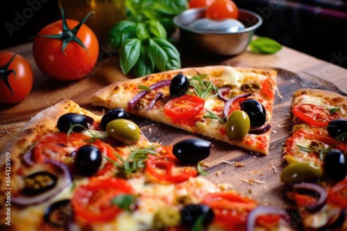 macro shot of pizza slice topped with olives and pepper