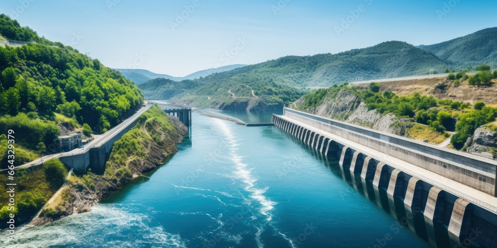 Hydroelectric dam generating green energy from flowing water. - obrazy, fototapety, plakaty 