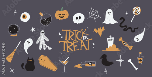 A collection of hand drawn Halloween illustration element in cute and cartoon style