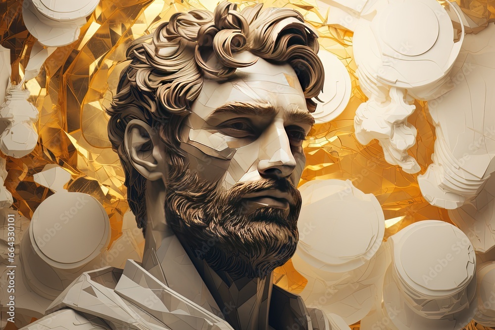 Une belle sculpture futuriste d'un homme stoïque avec des touches d'or