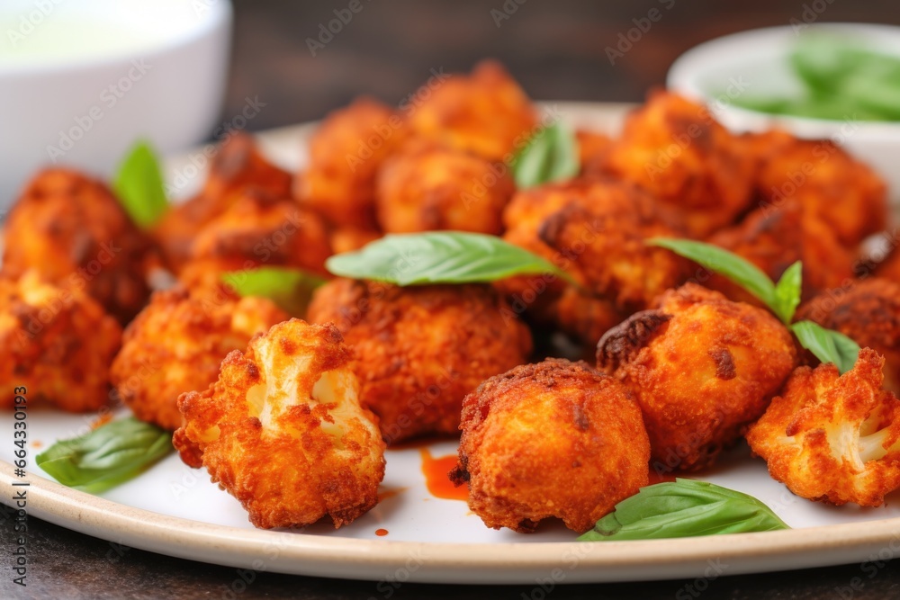 macro shot of buffalo-roasted cauliflower bites macro shot of buffalo-roasted cauliflower bites