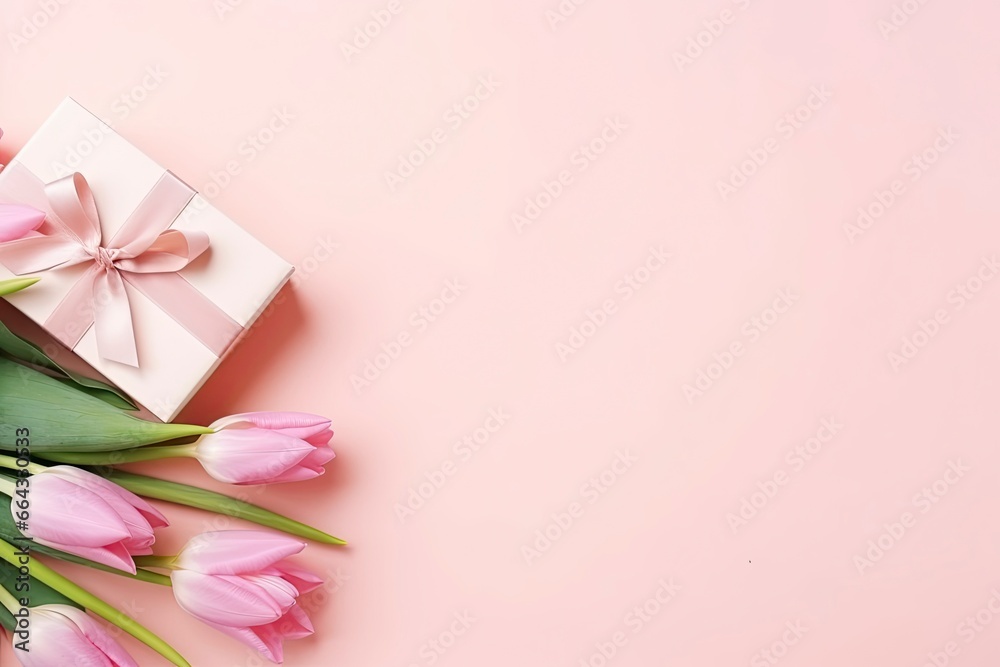Mother's Day concept. Pink gift box with ribbon bow and a bouquet of tulips.