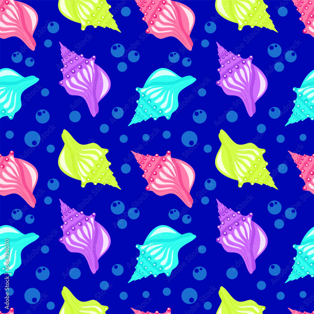 Colorful seashell and blue bubbles cartoon seamelss pattern. Vector illustration Colorful seashell and blue bubbles cartoon seamelss pattern. Vector illustration