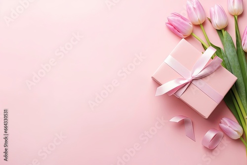 Pink gift box with ribbon bow and bouquet of tulips on isolated pastel pink background. © FurkanAli