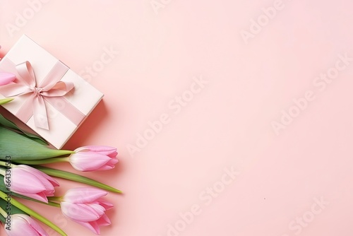 Mother's Day concept. Pink gift box with ribbon bow and a bouquet of tulips. © FurkanAli