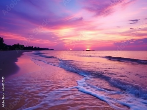 Summer beach with blue water and purple sky at the sunset.