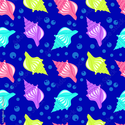 Colorful seashell and blue bubbles cartoon seamelss pattern. Vector illustration