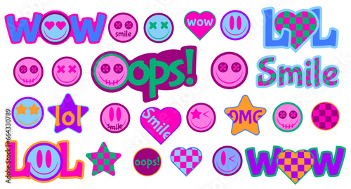 trendy retro stickers with bright funny faces and inscription, vector illustration y2k