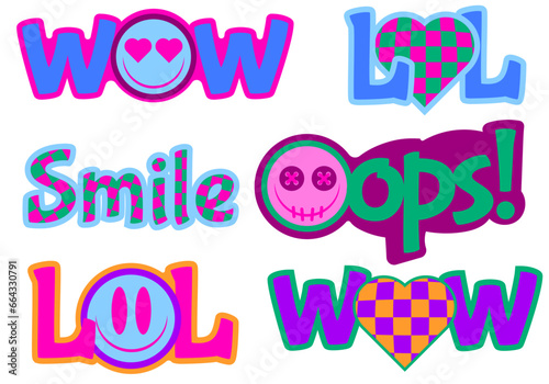 trendy retro stickers with bright funny faces and inscription, vector illustration y2k