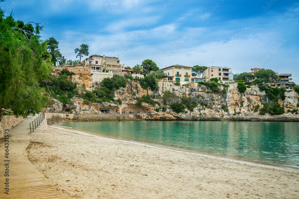 Picturesque Porto Cristo sandy beach in Mallorca