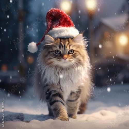 Domestic cat in winter hat outdoors in winter