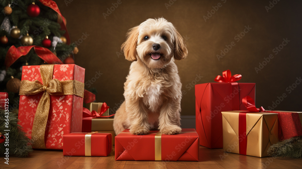 Pies siedzący na prezentach w czasie świąt bożego narodzenia  - obrazy, fototapety, plakaty 
