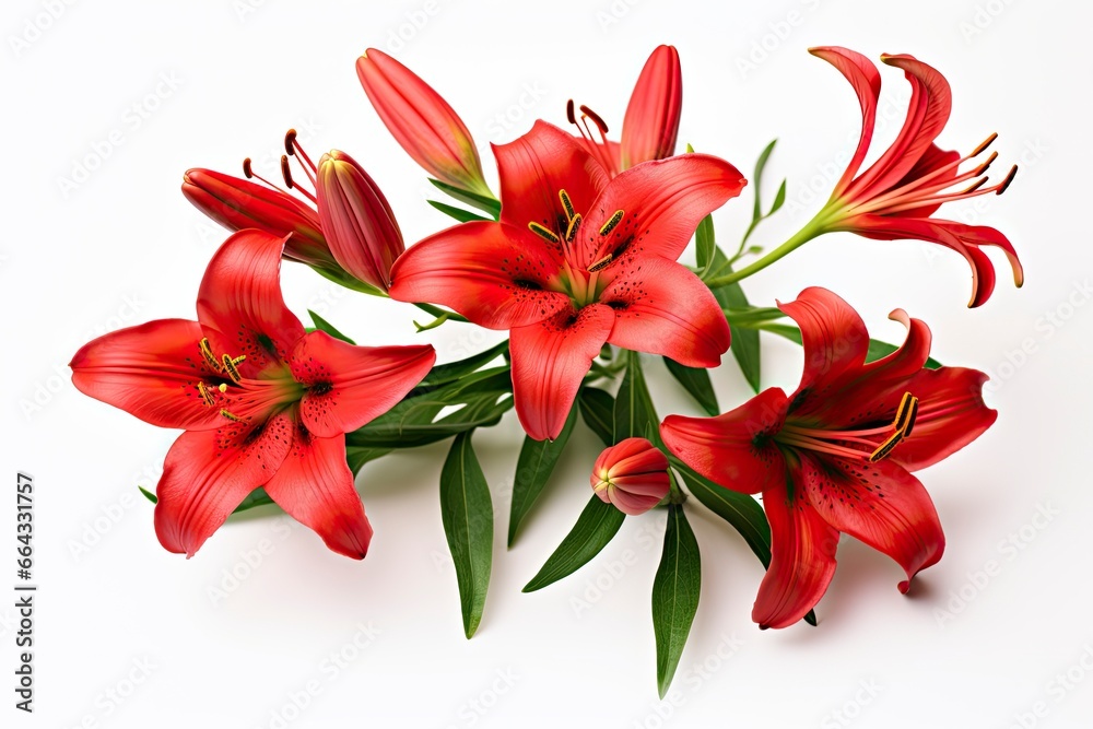 Red Lilies isolated on white background.