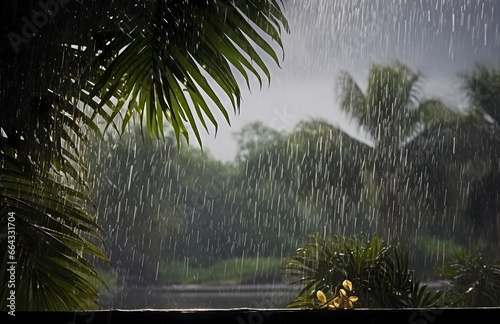 Rain in the tropics during the low season or monsoon season. Raindrops in a garden.