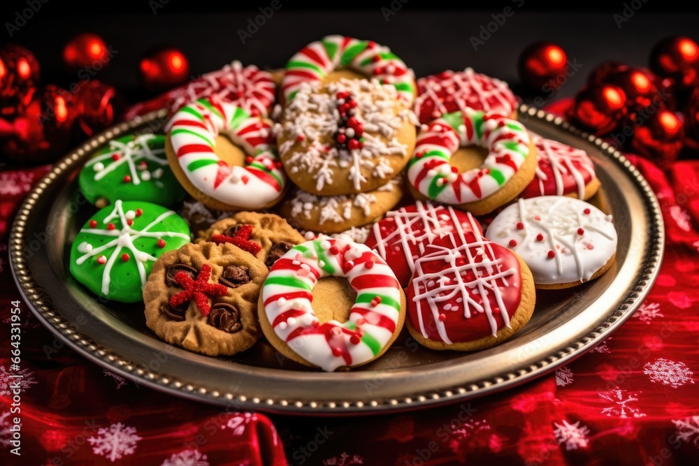 decorated christmas cookies on a festive platter with candies