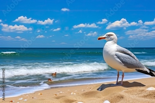 Seagull on the beach under blue sky. AI Generated