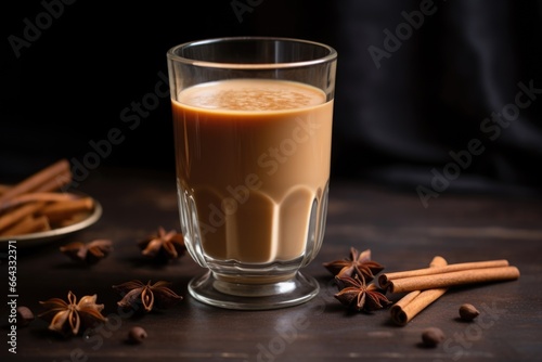 hot chai in a glass cup revealing the strong color